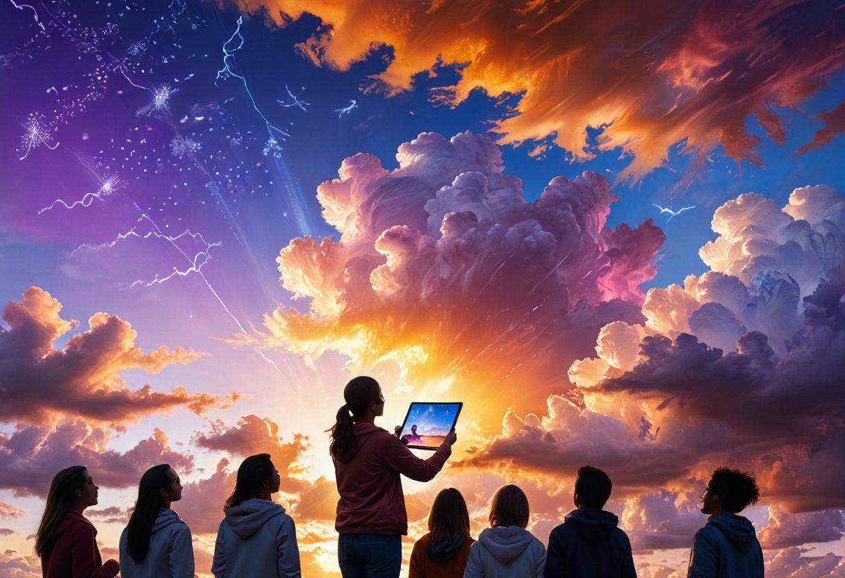 An expansive blue sky with fluffy white clouds transitioning into vibrant sunset hues. In the foreground, a diverse group of people of various ages and backgrounds looking up at the sky with expressions of wonder and curiosity. Include weather symbols like sun, rain, and snowflakes subtly integrated within the clouds. Add a digital tablet or smartphone in one person's hand showing a weather app interface. super-realistic. vibrant colors.