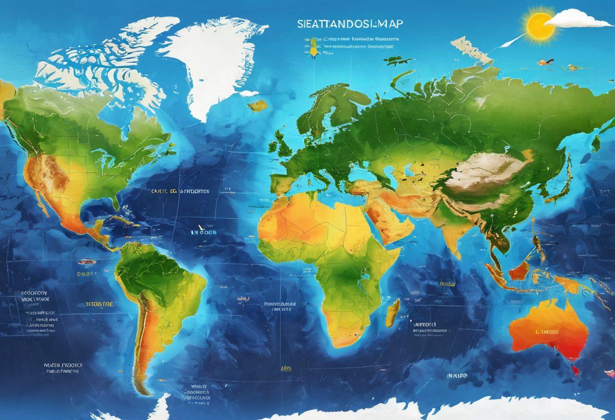 A detailed weather map showcasing various climate zones with vivid color gradients representing temperature variations. Overlay elements like weather symbols (clouds, sun, rain) and arrows indicating wind patterns create a dynamic feel. Include diverse landscapes in the background symbolizing ecosystems affected by climate change. The title 'Decoding Climate Changes' creatively integrated into the design. super-realistic. vibrant colors. clear blue sky.