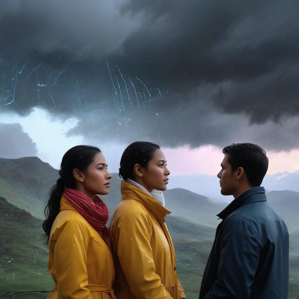 An intricate weather map blending various meteorological elements like wind patterns, rain forecasts, and temperature gradients, overlaid with modern technological interfaces like smart devices and weather symbols. A diverse group of people observing and analyzing the forecast projections with expressions of curiosity and engagement, set against a dramatic sky showcasing different weather conditions. super-realistic. vibrant colors. 3D.